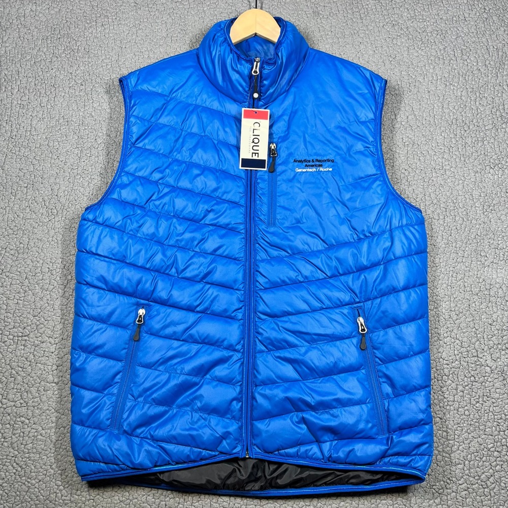 Clique Mens Blue Puffer Vest Quilted Insulated Genentech Roche Logo XL NWT